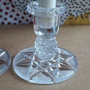 2 Vintage CUT LEAD CRYSTAL GLASS CANDLE HOLDERS * STARBURST ~ Mint Condition!